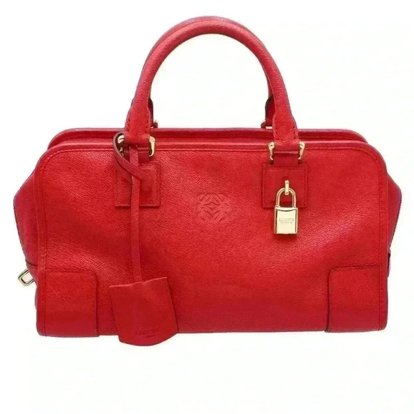 Loewe Amazona 28 Boston Leather Hand Bag Red Guaranteed Authentic - Picture 1 of 12